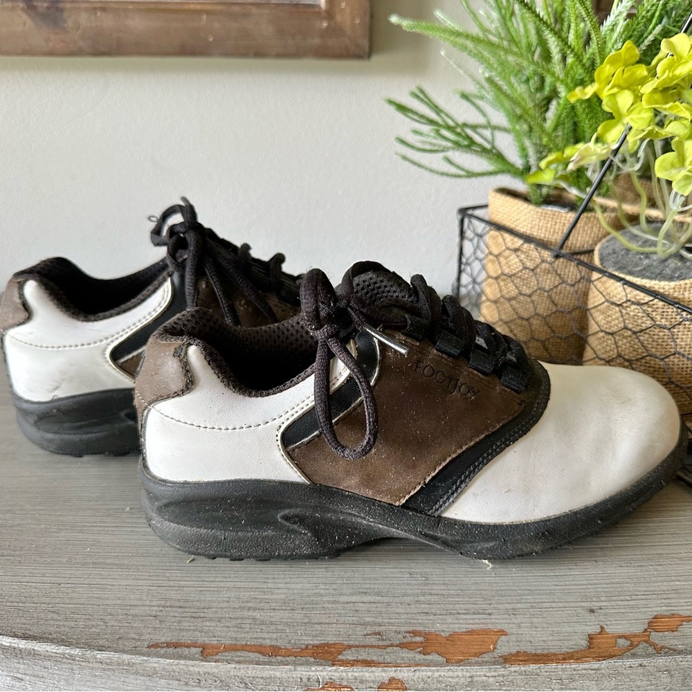 Brown and White kids Footjoy Greenjoy Golf Shoes